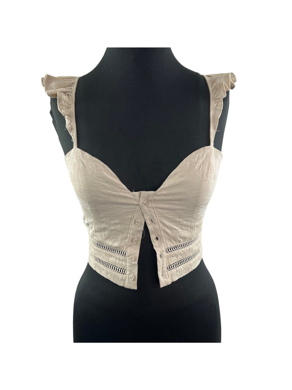 Rumor Beige Crop Top Smocked Sweetheart Button-Up Flutter Ruffle Sleeve Sz 8 NEW